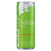 A 250ml can of Red Bull Curuba & Elderflower Energy Drink delivers a natural lift with curuba and elderflower flavors, white and yellow text, plus the signature Red Bull logo on a green background.